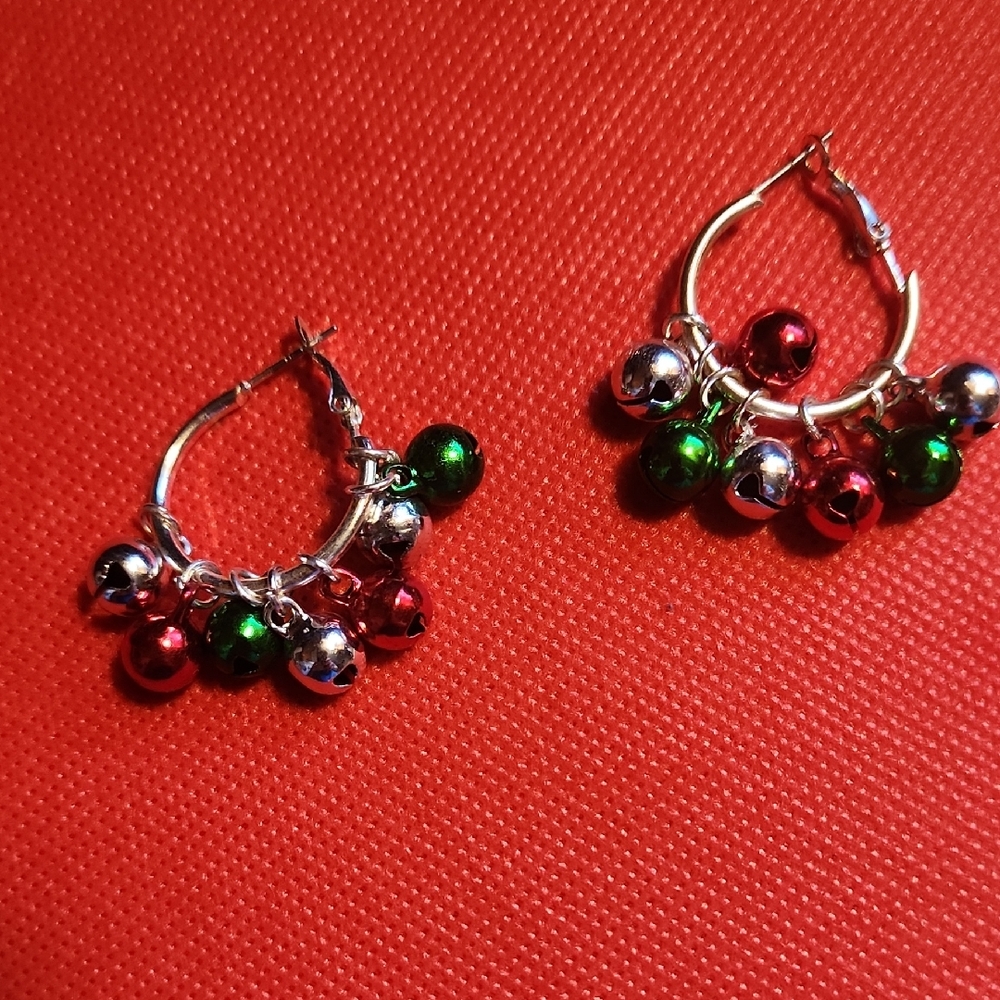 Festive Silver Toned Hoop Earrings with Red and Green Charms